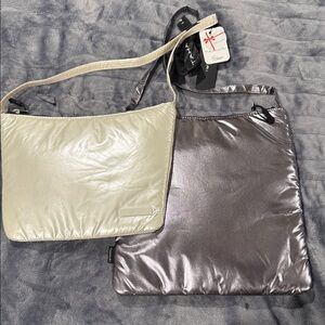 Tahari Metallic Silver and Cream Shoulder puffer Bags NWT